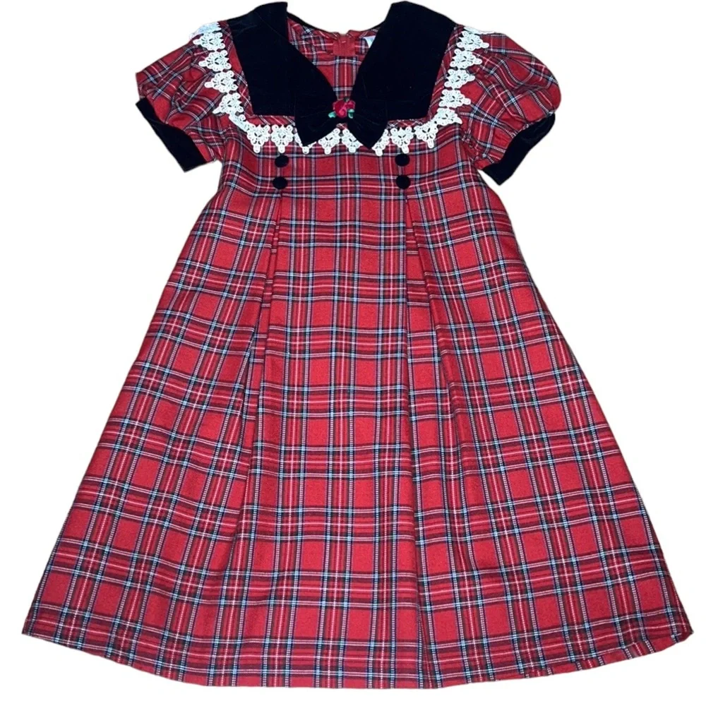 RARE EDITIONS Girls Red Plaid Short Puffy Sleeve Dress Black Velvet Collar Lace
